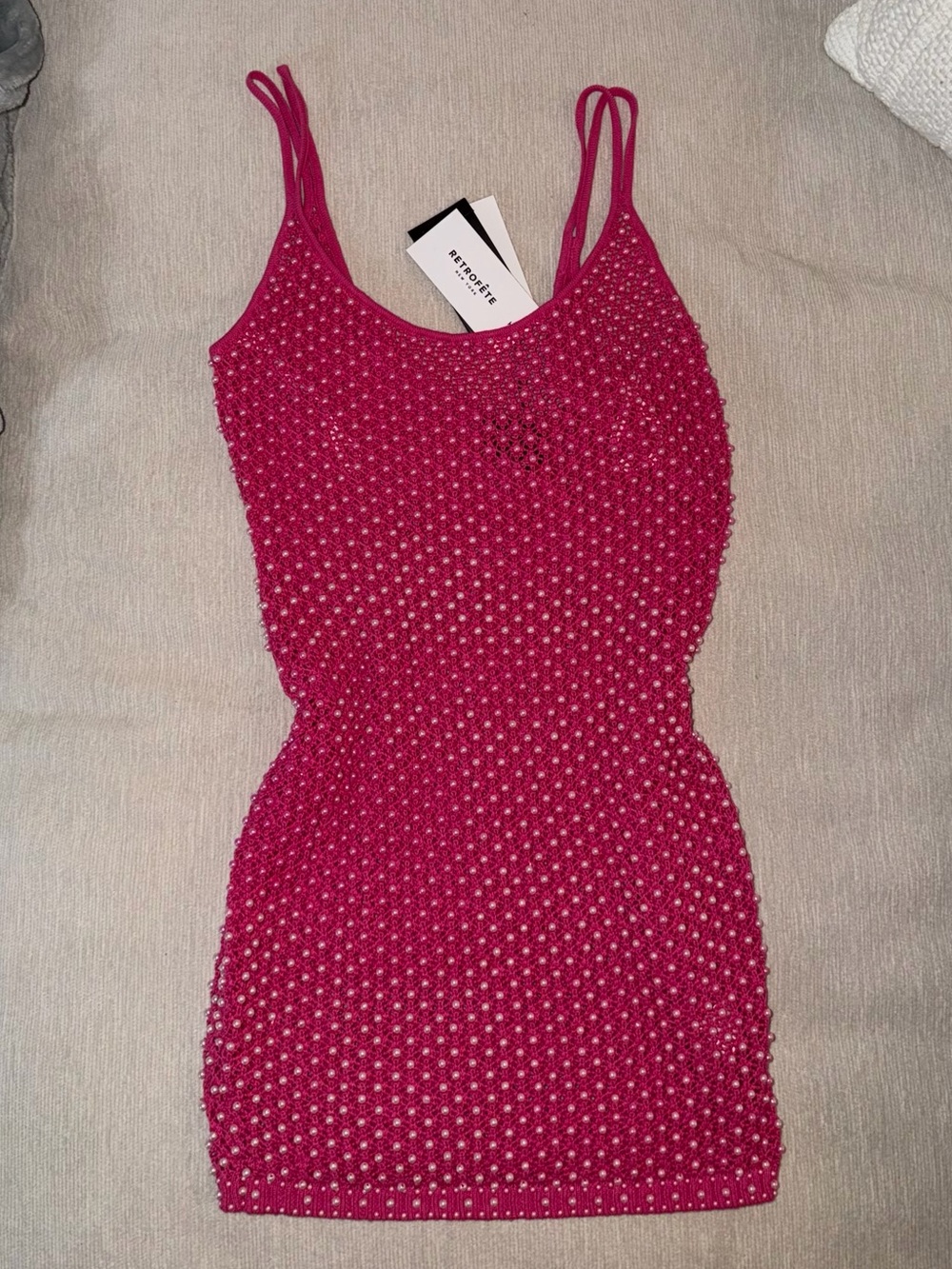 NWT Retrofete Rocco Pink Embellished Mini Dress Small New Crochet - Picture 2 of 6